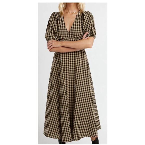 EUC DISSH Elm Chocolate Gingham Midi Dress Puff Sleeve Open Back Cotton Size 4 - Picture 4 of 16